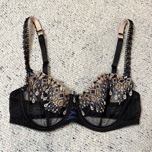 Aubade Black and Blue Embroidered Lace Bra 34 B